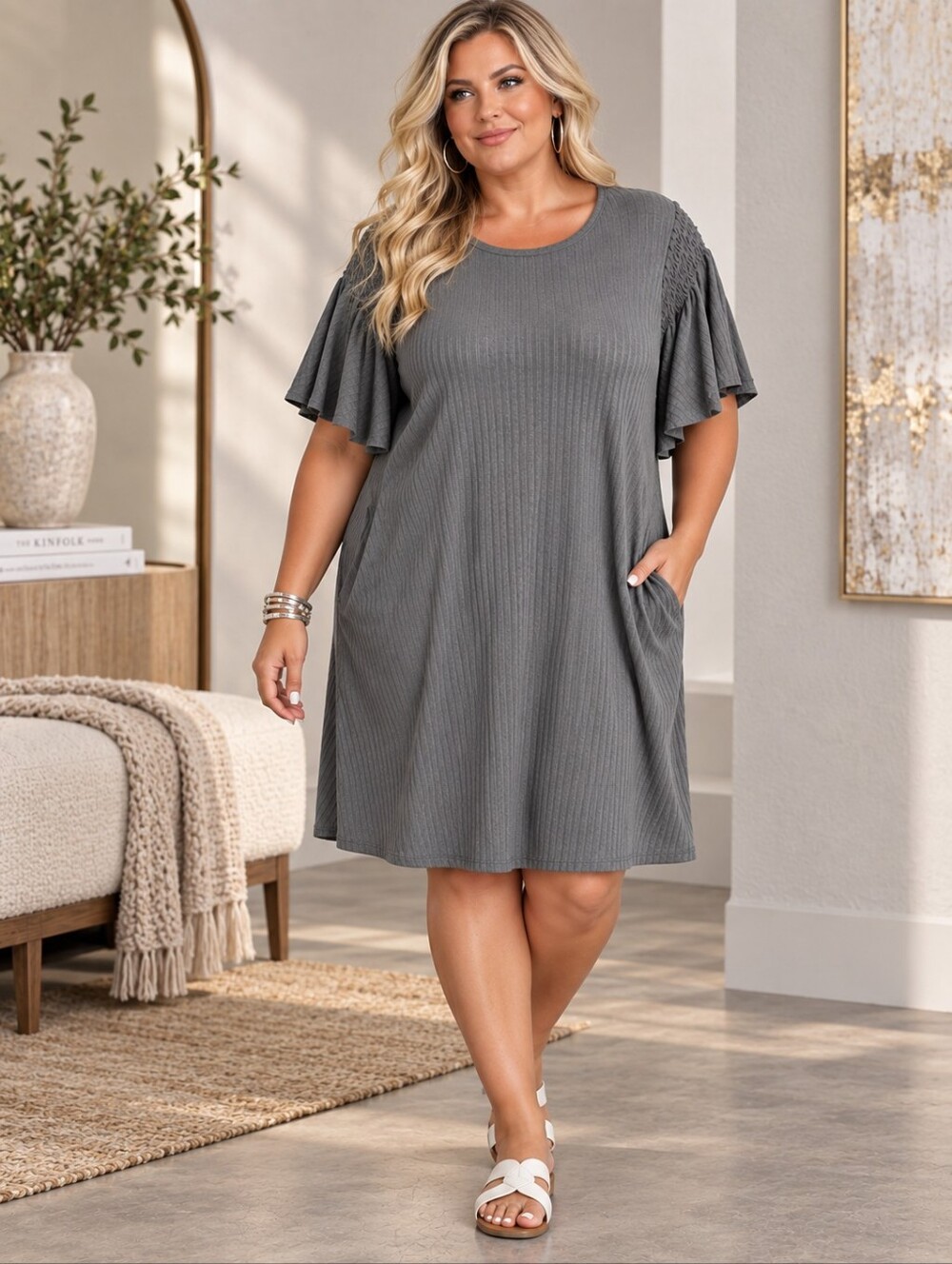 Lularoe Roselyn Gray Smocked Flutter Sleeve Dress